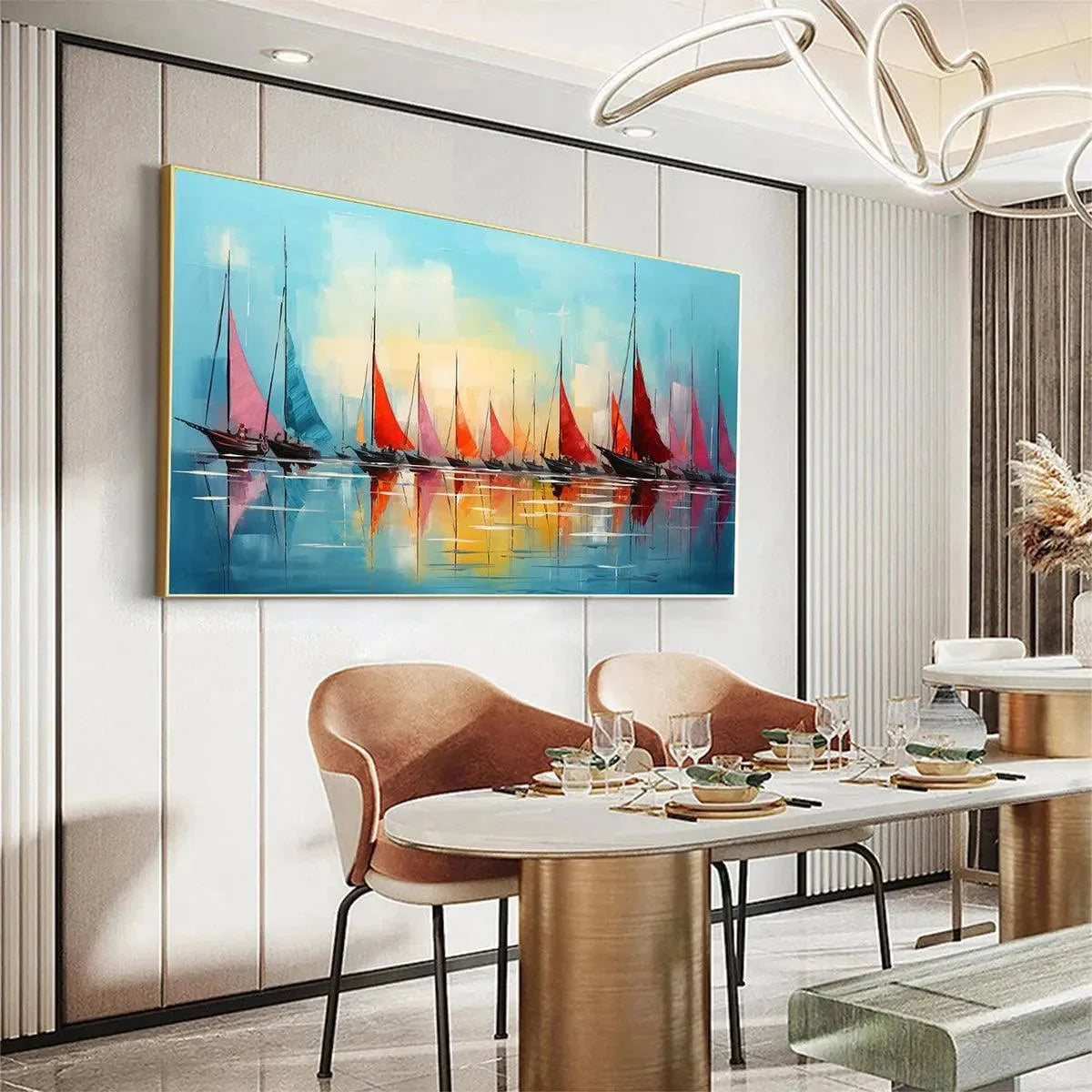 REGATTA AT DAWN: Panoramic Sailboat Painting, Colorful Sunrise | Abstract closeup, raised brushwork detail