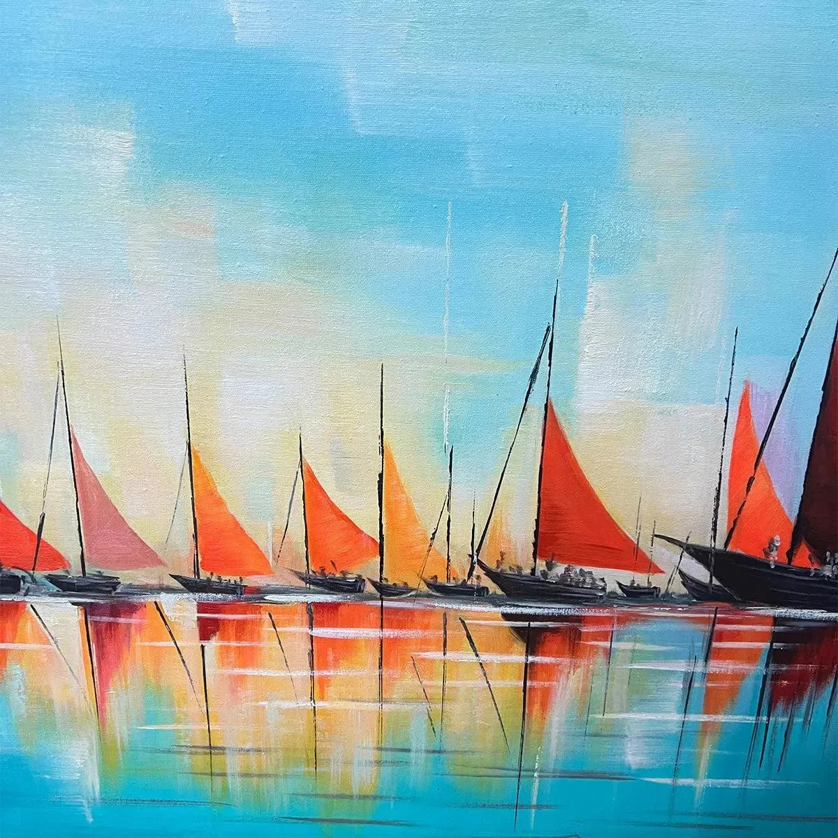 REGATTA AT DAWN: Panoramic Sailboat Painting, Colorful Sunrise | rectangular format, hand-painted canvas edge