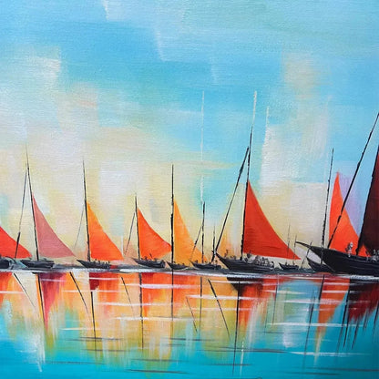 REGATTA AT DAWN: Panoramic Sailboat Painting, Colorful Sunrise | rectangular format, hand-painted canvas edge