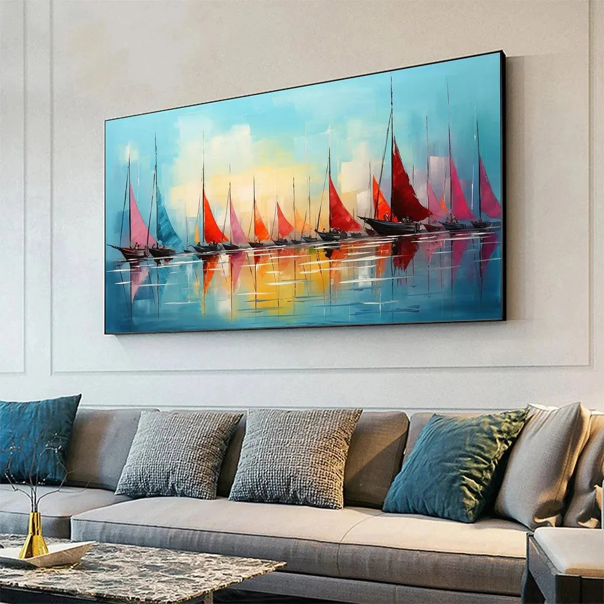 REGATTA AT DAWN: Panoramic Sailboat Painting, Colorful Sunrise | gold frame stretched on neutral wall