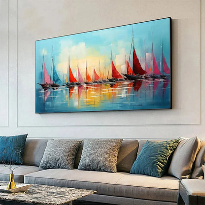 REGATTA AT DAWN: Panoramic Sailboat Painting, Colorful Sunrise | gold frame stretched on neutral wall