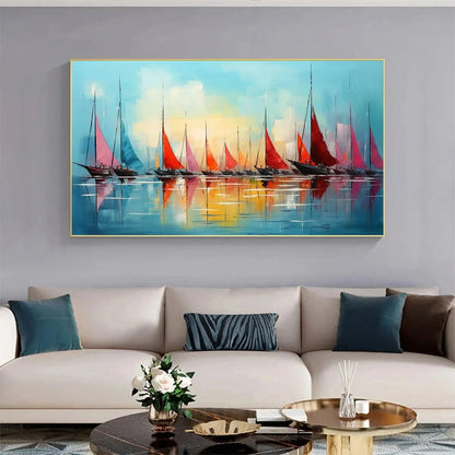 REGATTA AT DAWN: Panoramic Sailboat Painting, Colorful Sunrise | rolled canvas, ready for custom framing