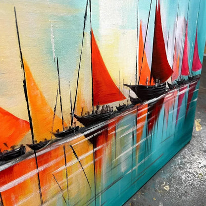 REGATTA AT DAWN: Panoramic Sailboat Painting, Colorful Sunrise | black frame version on white wall