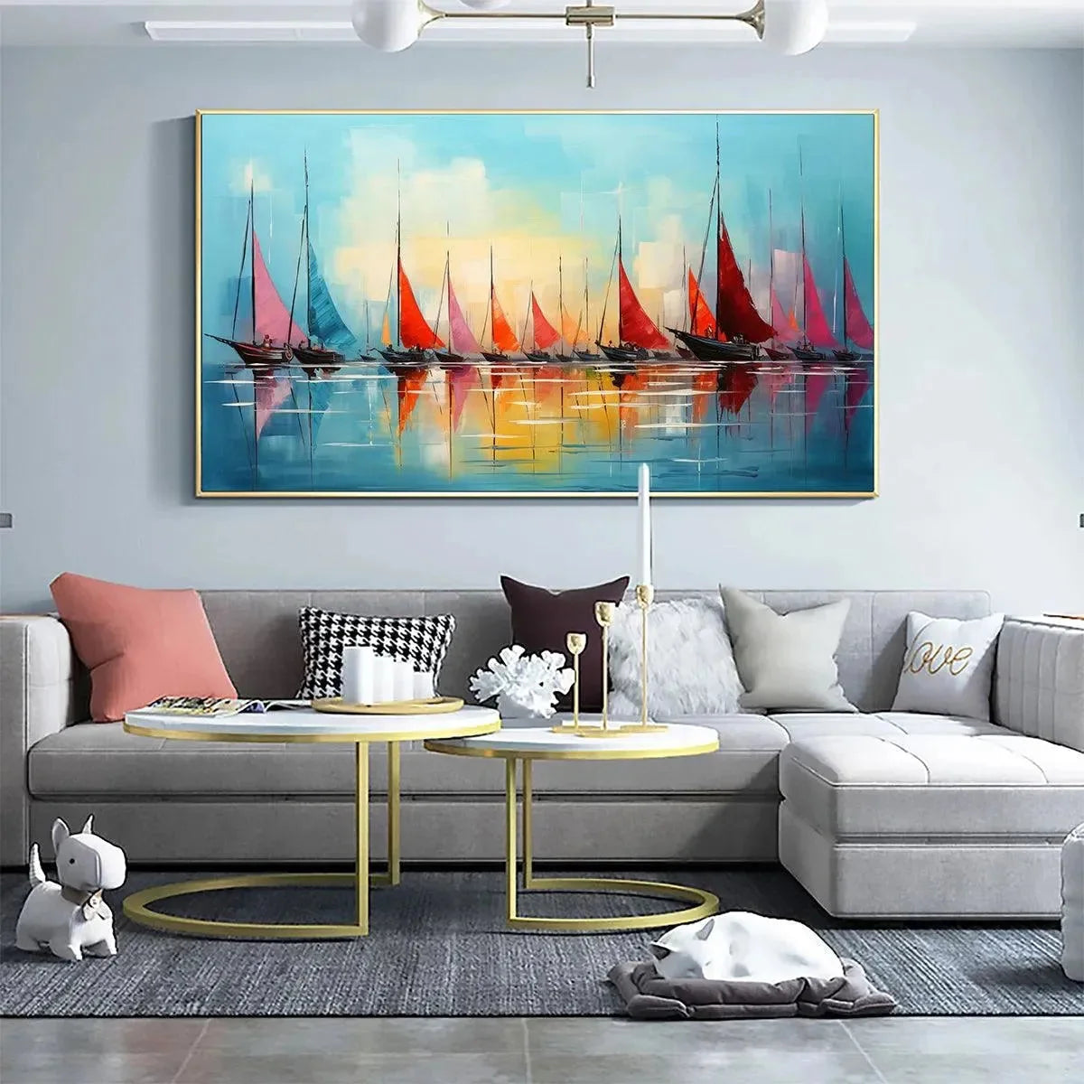 REGATTA AT DAWN: Panoramic Sailboat Painting, Colorful Sunrise | Abstract mood, soft natural light studio shot