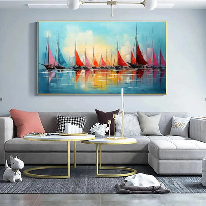 REGATTA AT DAWN: Panoramic Sailboat Painting, Colorful Sunrise | Abstract mood, soft natural light studio shot