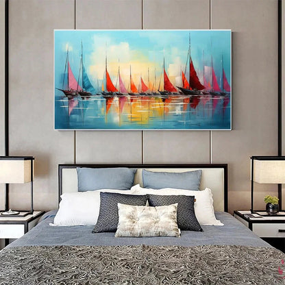 REGATTA AT DAWN: Panoramic Sailboat Painting, Colorful Sunrise | multi-color palette, original oil on stretched canvas art