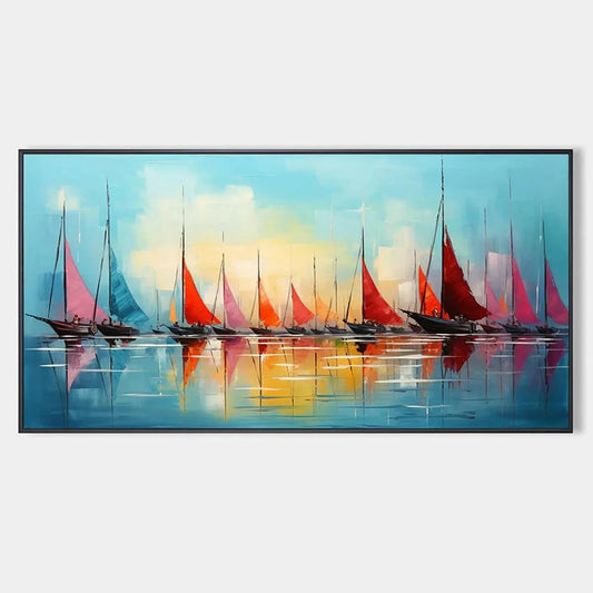 REGATTA AT DAWN: Panoramic Sailboat Painting, Colorful Sunrise | hanging in living room, Abstract wall art