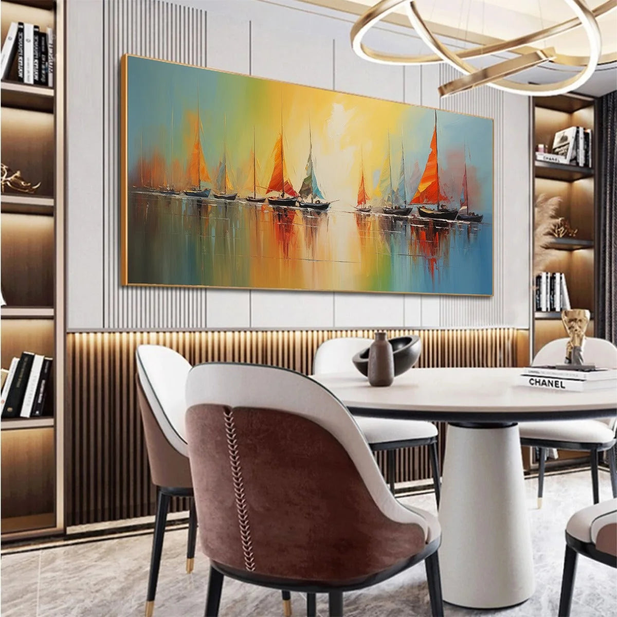 REGATTA DAWN: Colorful Seascape Oil Painting | gold frame stretched on neutral wall