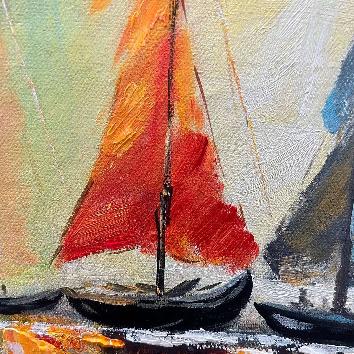 REGATTA DAWN: Colorful Seascape Oil Painting | rolled canvas, ready for custom framing