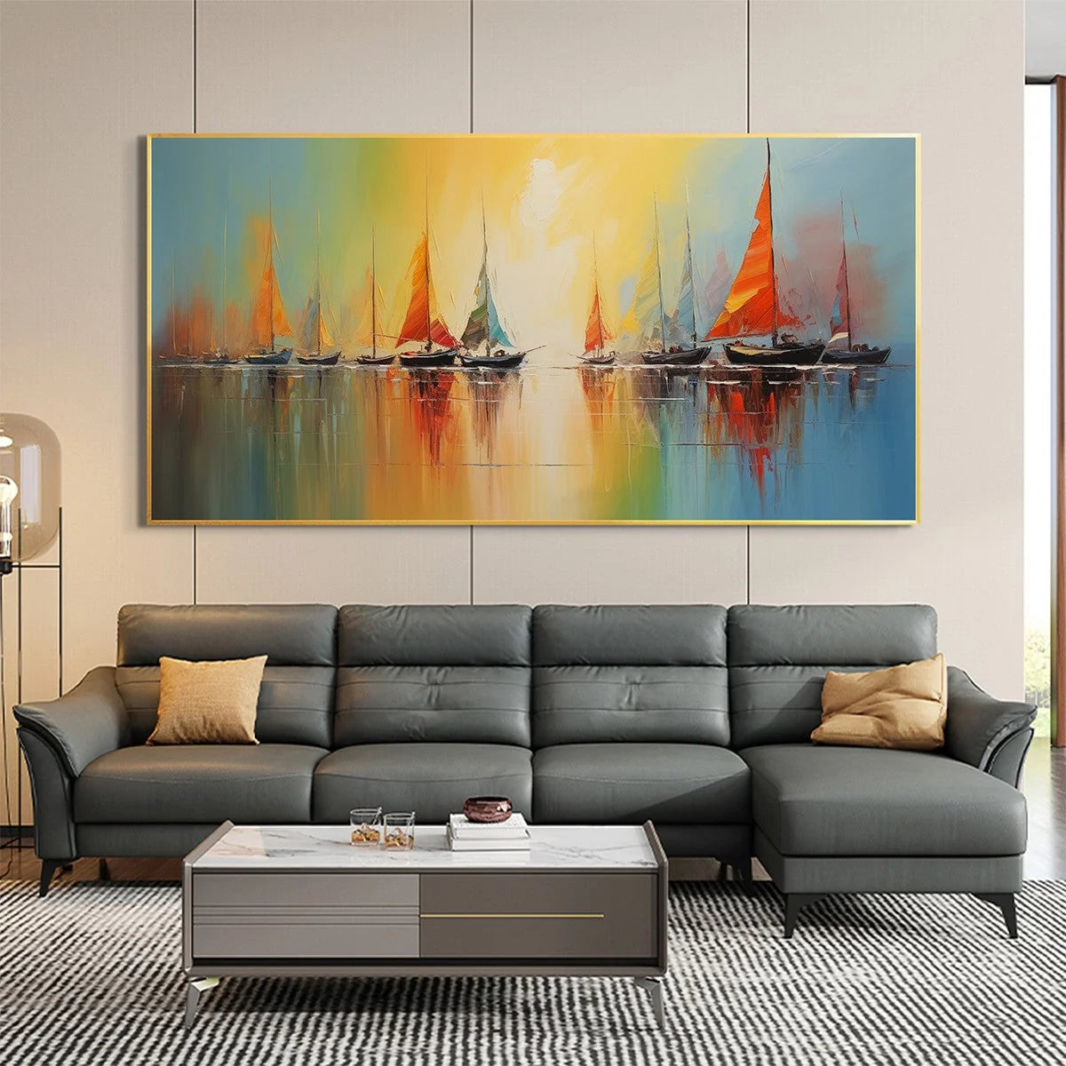 REGATTA DAWN: Colorful Seascape Oil Painting | black frame version on white wall