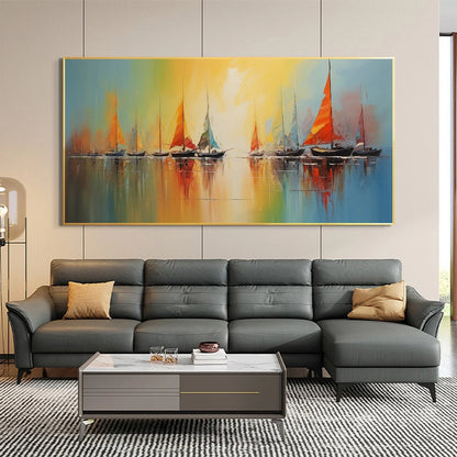 REGATTA DAWN: Colorful Seascape Oil Painting | black frame version on white wall