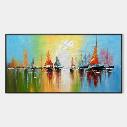 REGATTA DAWN: Colorful Seascape Oil Painting | hanging in living room, Abstract wall art