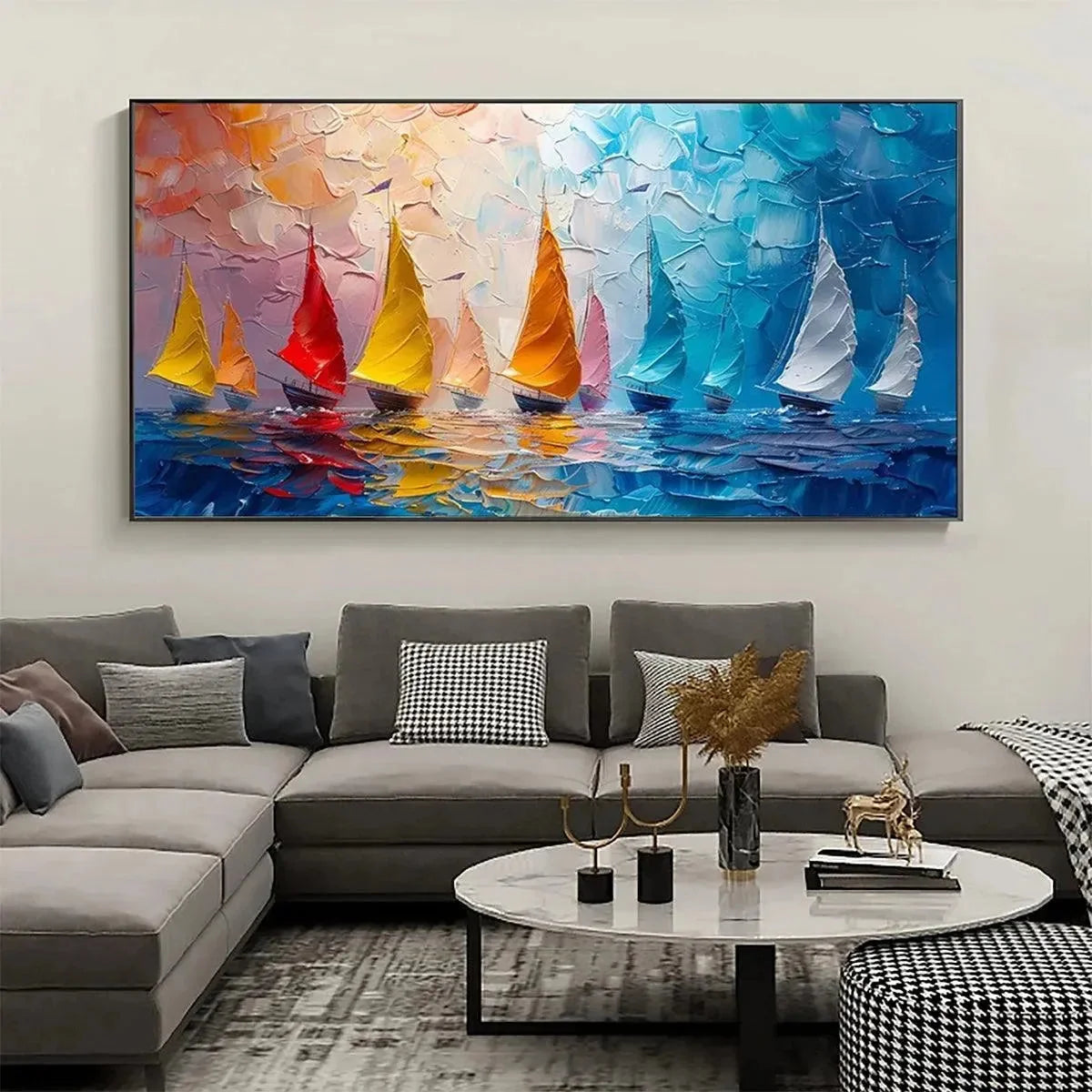 REGATTA: Textured Sailboat Painting, Impasto Wall Art, Panoramic Canvas, Coastal Decor | Abstract closeup, raised brushwork detail