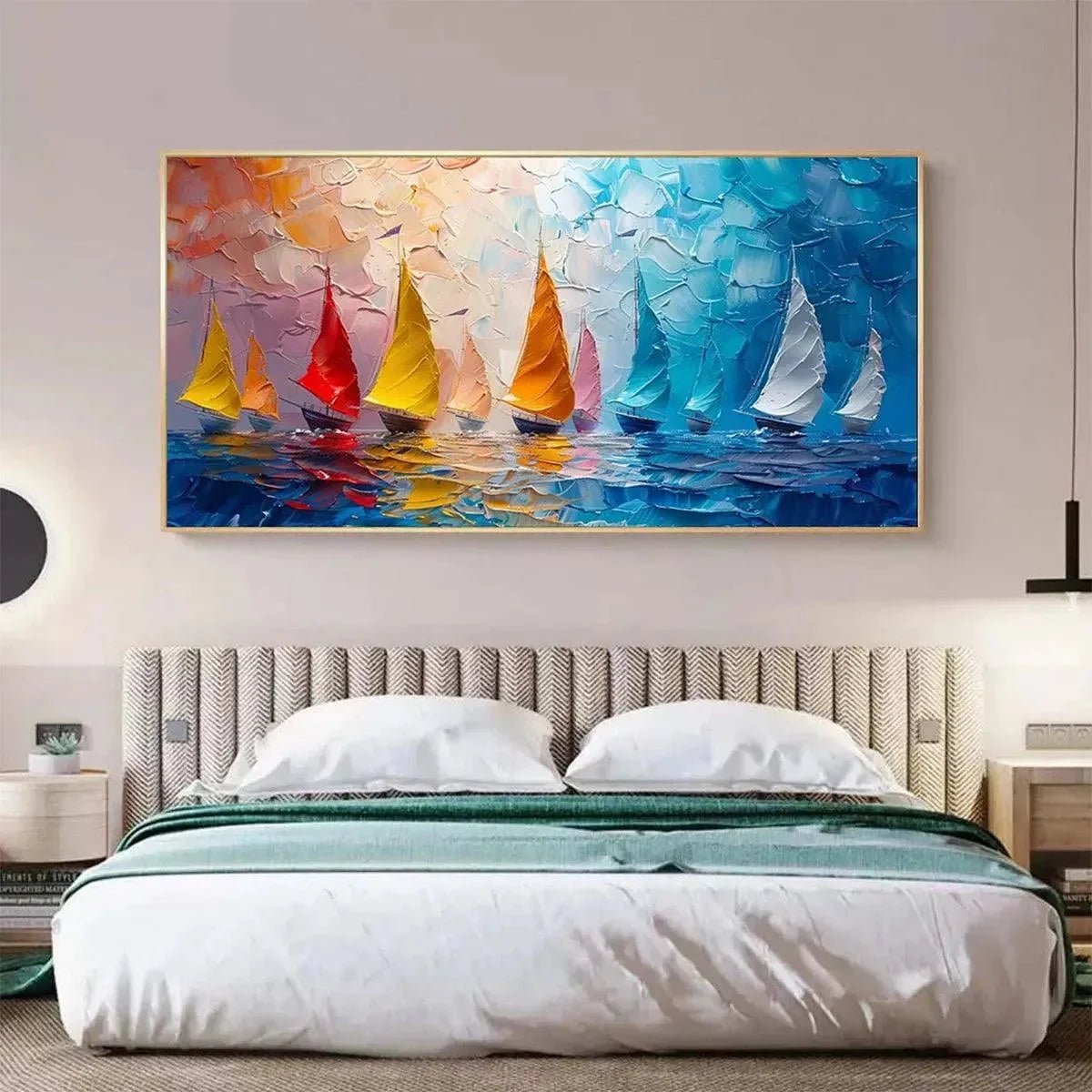 REGATTA: Textured Sailboat Painting, Impasto Wall Art, Panoramic Canvas, Coastal Decor | gold frame stretched on neutral wall