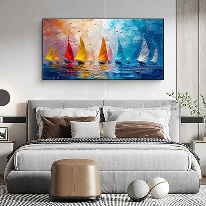 REGATTA: Textured Sailboat Painting, Impasto Wall Art, Panoramic Canvas, Coastal Decor | rolled canvas, ready for custom framing