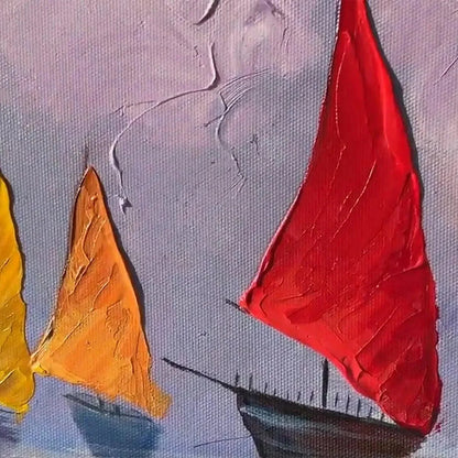 REGATTA: Textured Sailboat Painting, Impasto Wall Art, Panoramic Canvas, Coastal Decor | black frame version on white wall