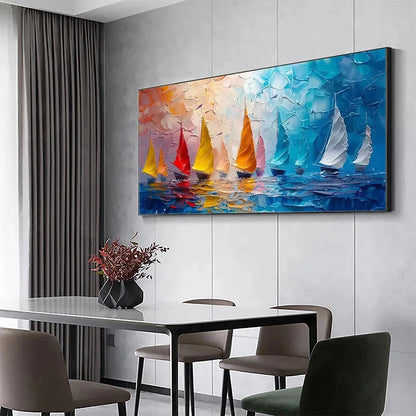 REGATTA: Textured Sailboat Painting, Impasto Wall Art, Panoramic Canvas, Coastal Decor | Abstract mood, soft natural light studio shot
