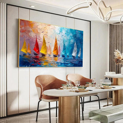 REGATTA: Textured Sailboat Painting, Impasto Wall Art, Panoramic Canvas, Coastal Decor | multi-color palette, original oil on stretched canvas art
