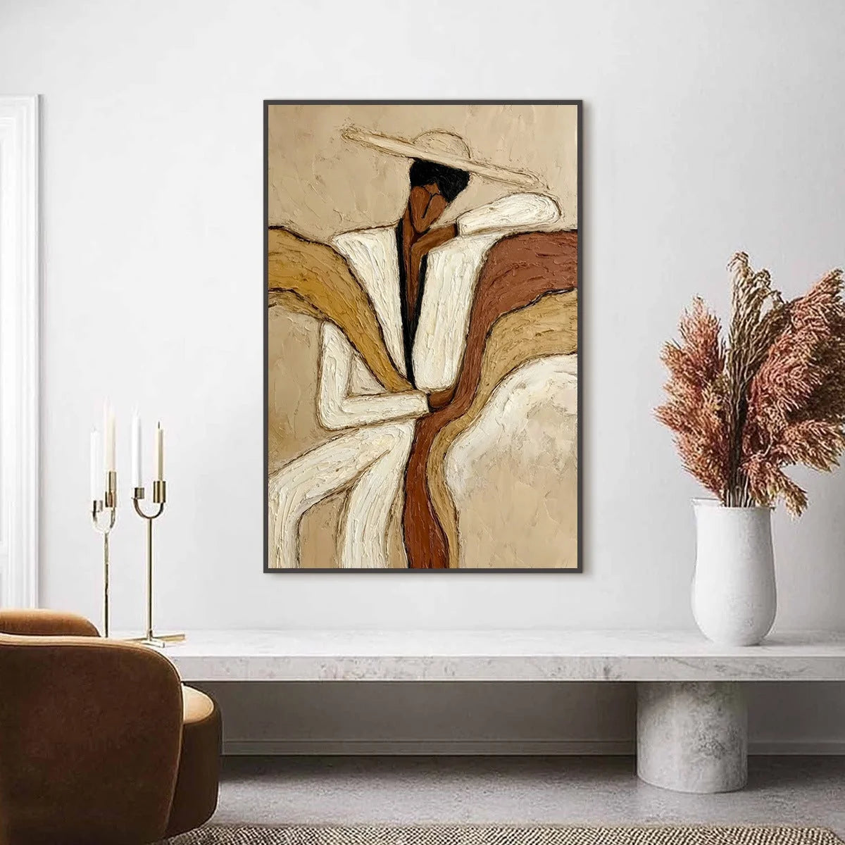 REPOSE: Textured Abstract Figure Painting in Neutral Tones | gold frame stretched on neutral wall