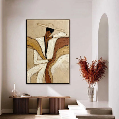 REPOSE: Textured Abstract Figure Painting in Neutral Tones | black frame version on white wall