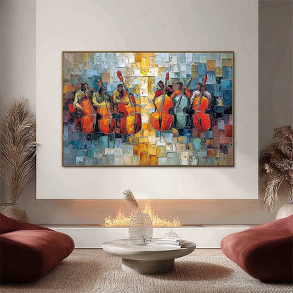 RHYTHM IN HUE: Textured Palette Knife Painting of a Cello Ensemble | Abstract closeup, raised brushwork detail