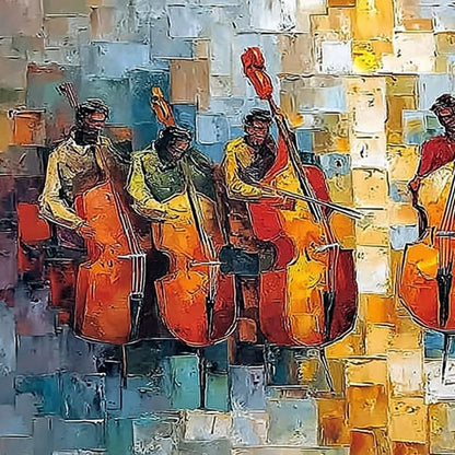 RHYTHM IN HUE: Textured Palette Knife Painting of a Cello Ensemble | rectangular format, hand-painted canvas edge