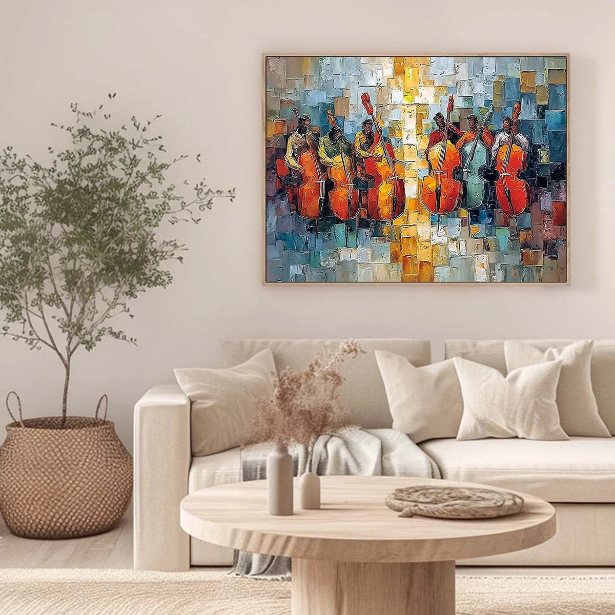 RHYTHM IN HUE: Textured Palette Knife Painting of a Cello Ensemble | gold frame stretched on neutral wall