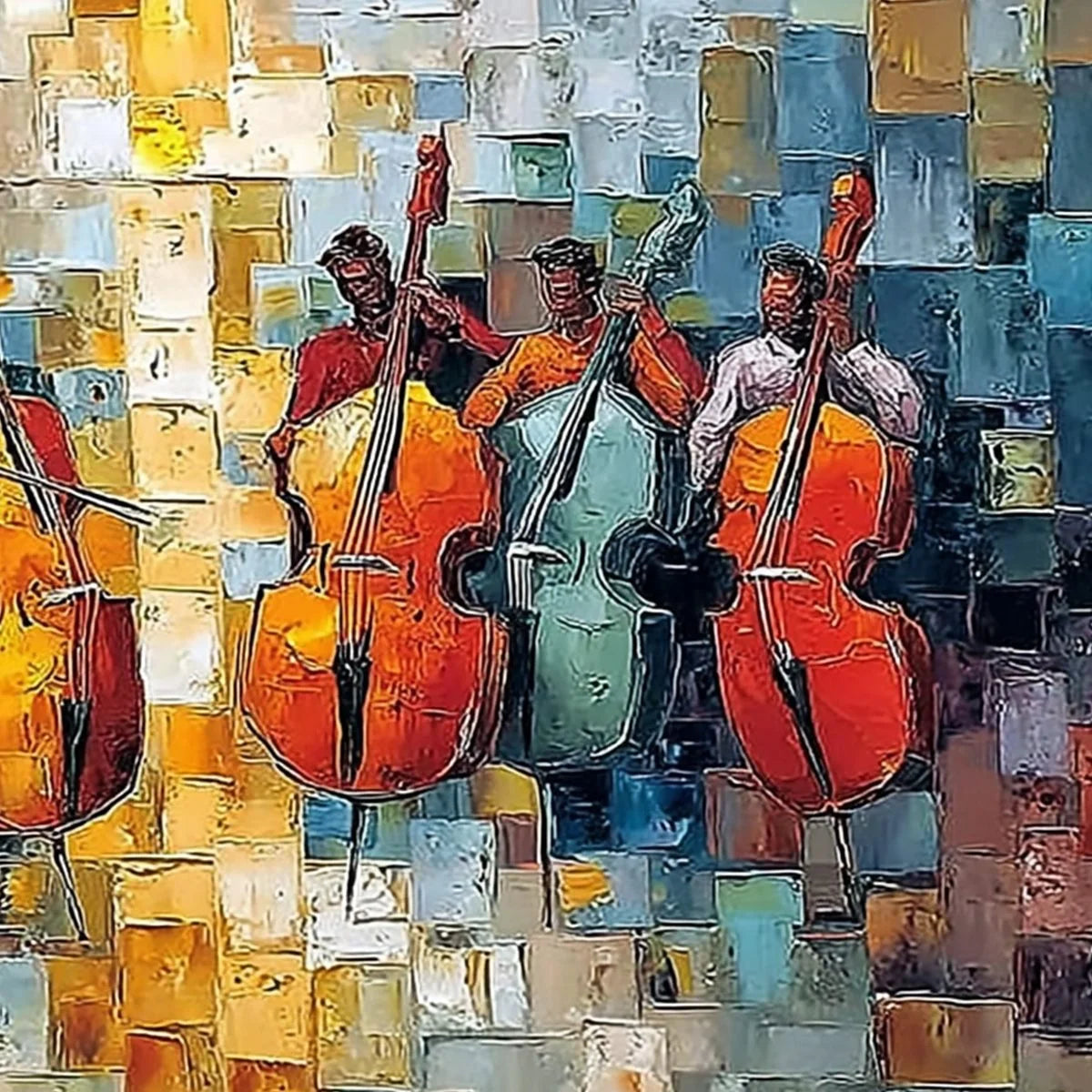 RHYTHM IN HUE: Textured Palette Knife Painting of a Cello Ensemble | rolled canvas, ready for custom framing
