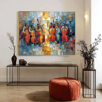 RHYTHM IN HUE: Textured Palette Knife Painting of a Cello Ensemble | black frame version on white wall