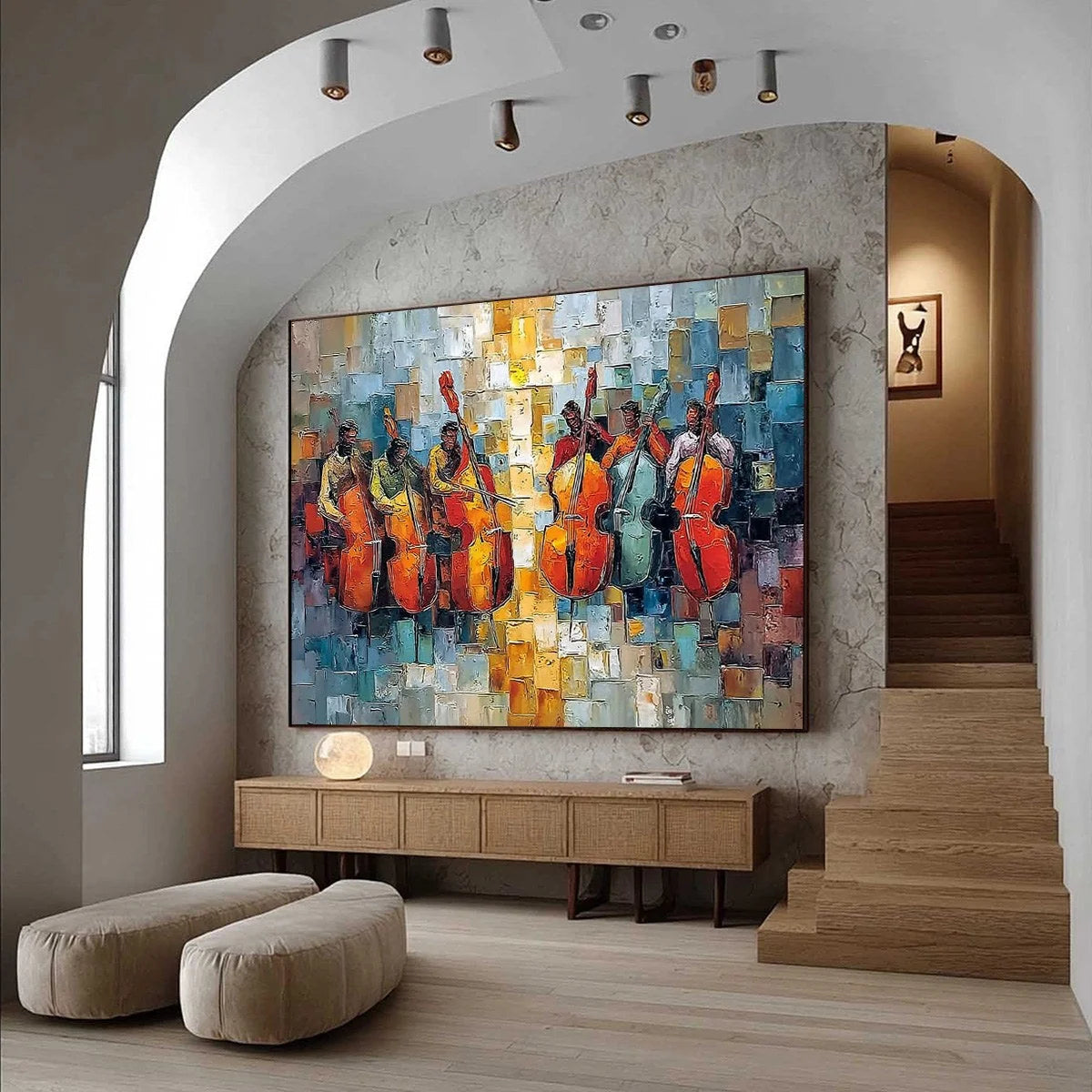 RHYTHM IN HUE: Textured Palette Knife Painting of a Cello Ensemble | Abstract mood, soft natural light studio shot