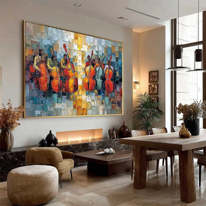 RHYTHM IN HUE: Textured Palette Knife Painting of a Cello Ensemble | multi-color palette, original oil on stretched canvas art