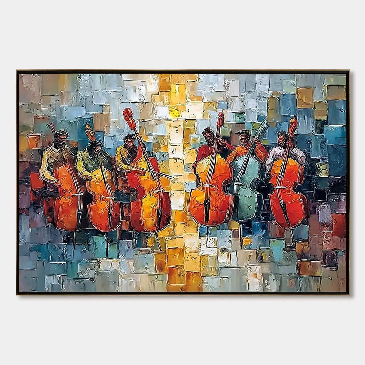 RHYTHM IN HUE: Textured Palette Knife Painting of a Cello Ensemble | hanging in living room, Abstract wall art