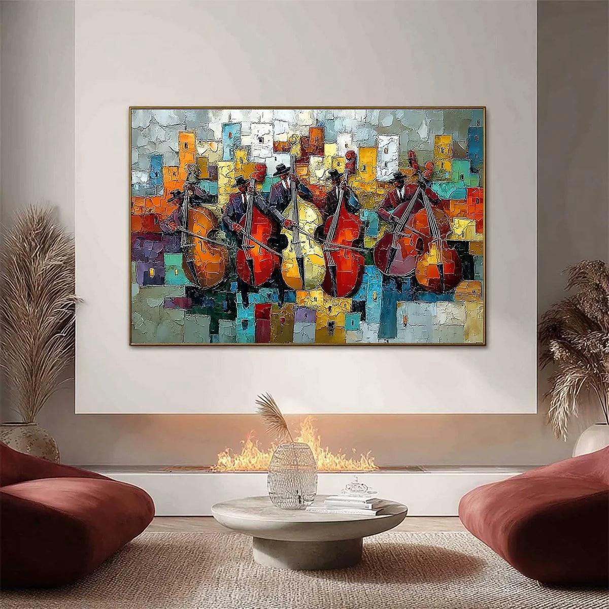 URBAN SERENADE: Vibrant Palette Knife Painting of Musicians in Cityscape | Abstract closeup, raised brushwork detail
