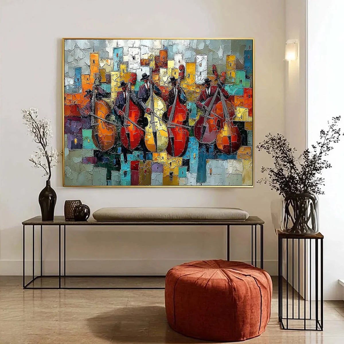 URBAN SERENADE: Vibrant Palette Knife Painting of Musicians in Cityscape | black frame version on white wall