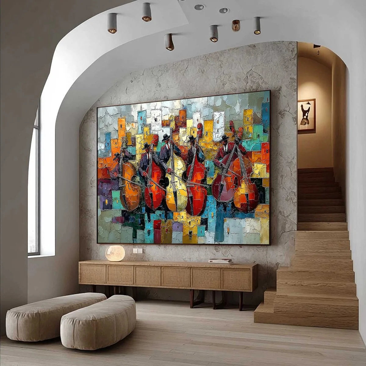 URBAN SERENADE: Vibrant Palette Knife Painting of Musicians in Cityscape | Abstract mood, soft natural light studio shot