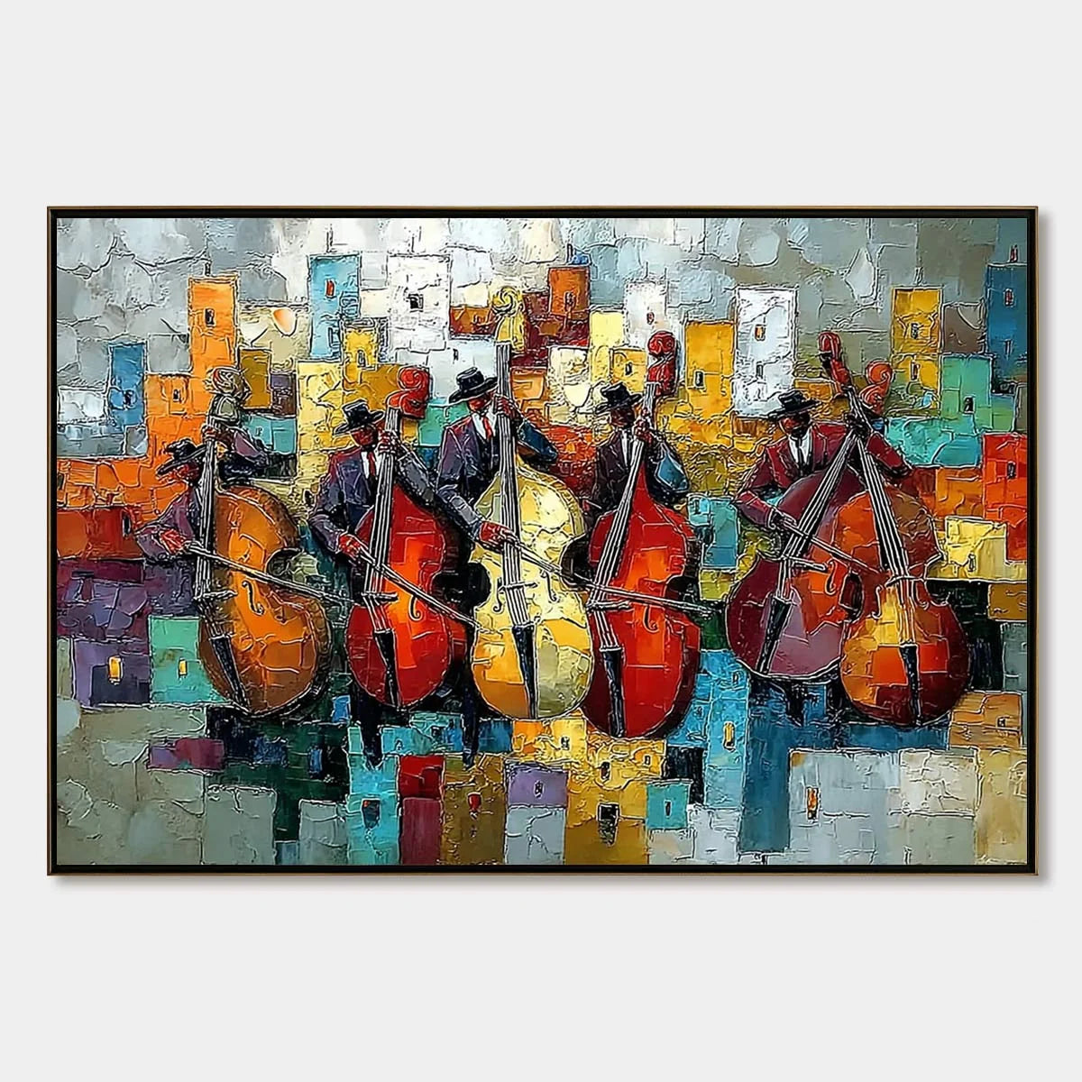 URBAN SERENADE: Vibrant Palette Knife Painting of Musicians in Cityscape | hanging in living room, Abstract wall art