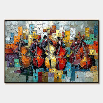 URBAN SERENADE: Vibrant Palette Knife Painting of Musicians in Cityscape | hanging in living room, Abstract wall art