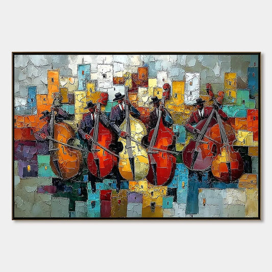 URBAN SERENADE: Vibrant Palette Knife Painting of Musicians in Cityscape | hanging in living room, Abstract wall art