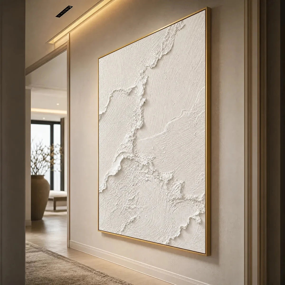 RIVEN: Heavily Textured Minimalist Wabi Sabi Wall Art | gold frame stretched on neutral wall