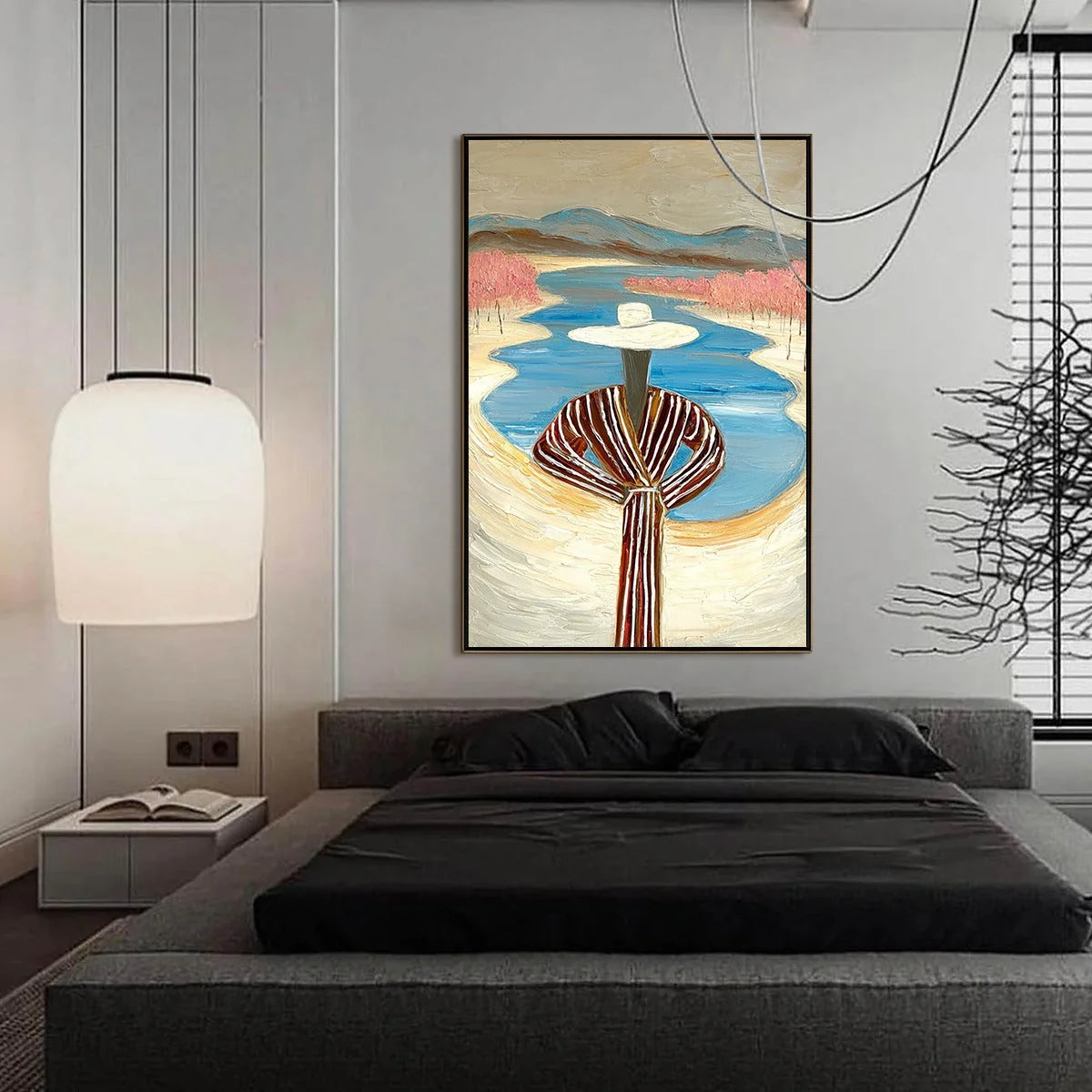 RIVER BLUSH: Textured Figurative Landscape Painting of Woman by Water | gold frame stretched on neutral wall