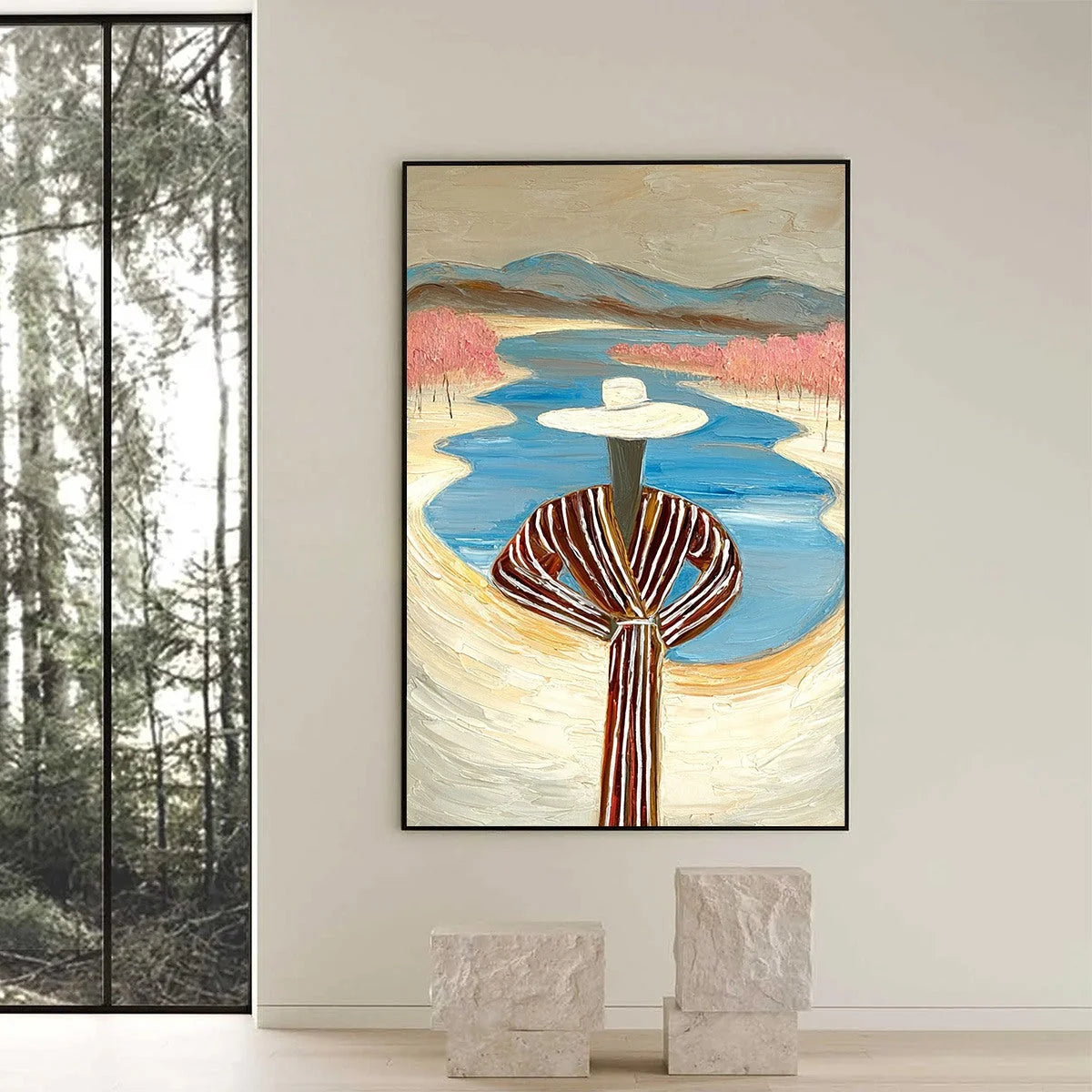 RIVER BLUSH: Textured Figurative Landscape Painting of Woman by Water | black frame version on white wall