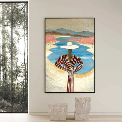 RIVER BLUSH: Textured Figurative Landscape Painting of Woman by Water | black frame version on white wall
