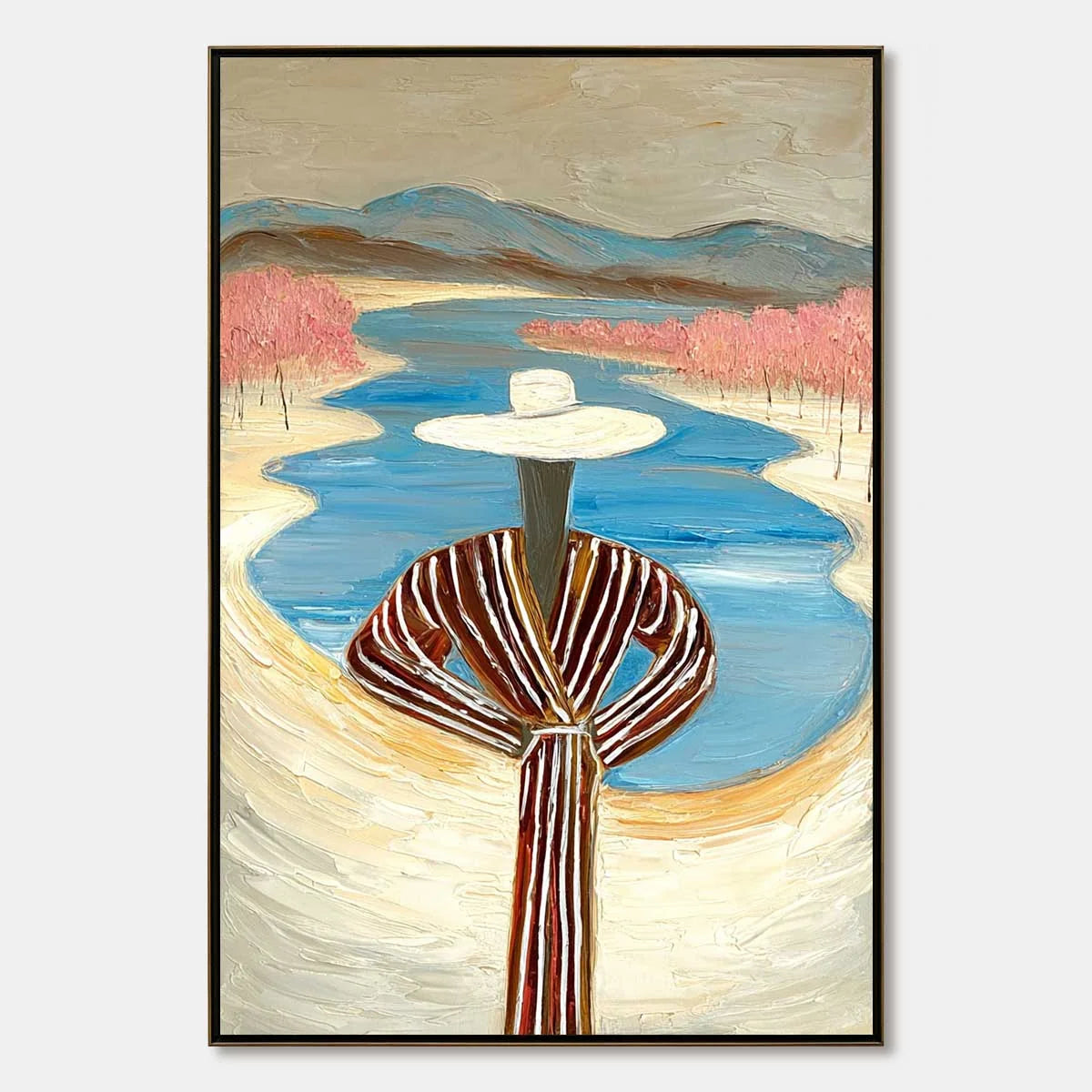 RIVER BLUSH: Textured Figurative Landscape Painting of Woman by Water | hanging in living room, Landscape wall art