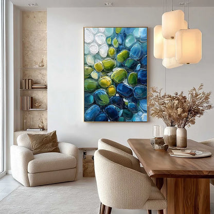RIVER GEMS: Abstract Impasto Textured Blue and Green Painting | gold frame stretched on neutral wall