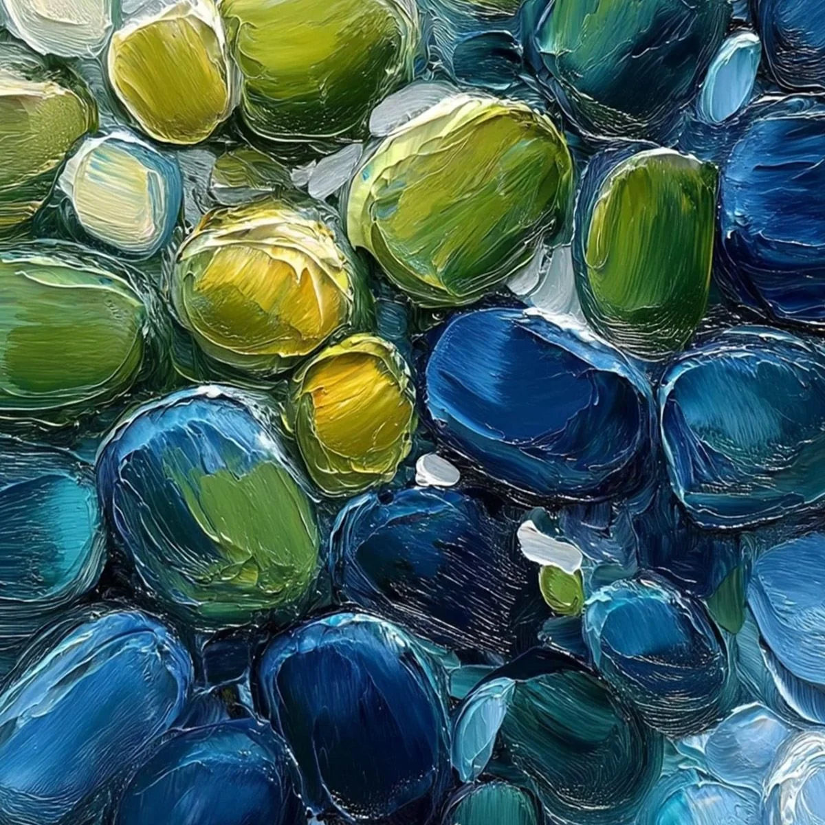 RIVER GEMS: Abstract Impasto Textured Blue and Green Painting | rolled canvas, ready for custom framing