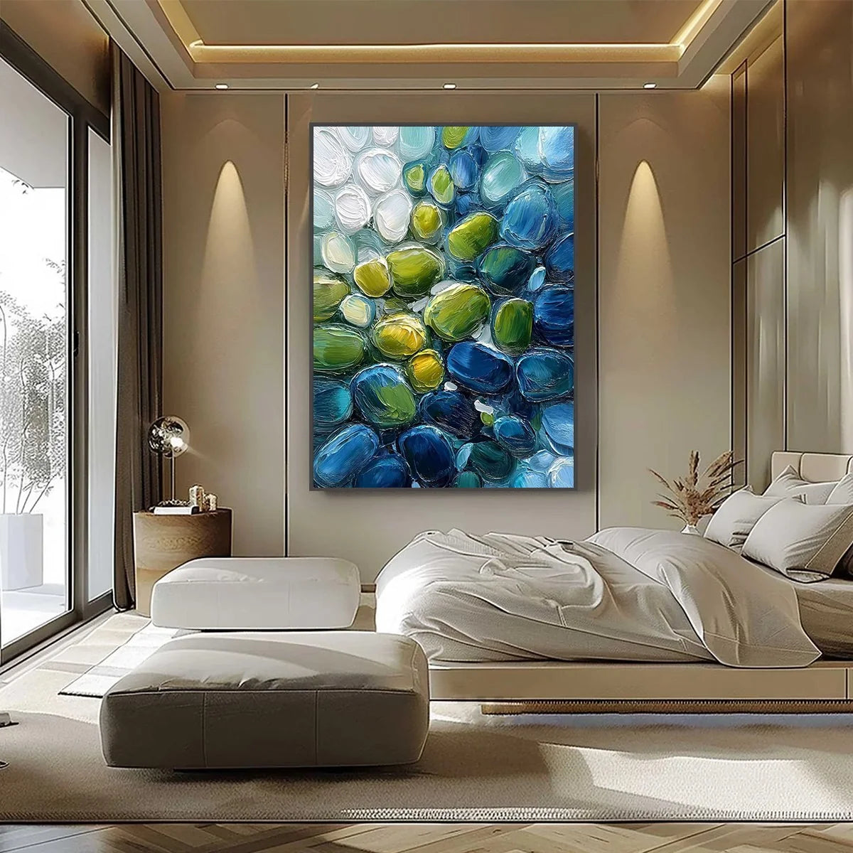 RIVER GEMS: Abstract Impasto Textured Blue and Green Painting | black frame version on white wall