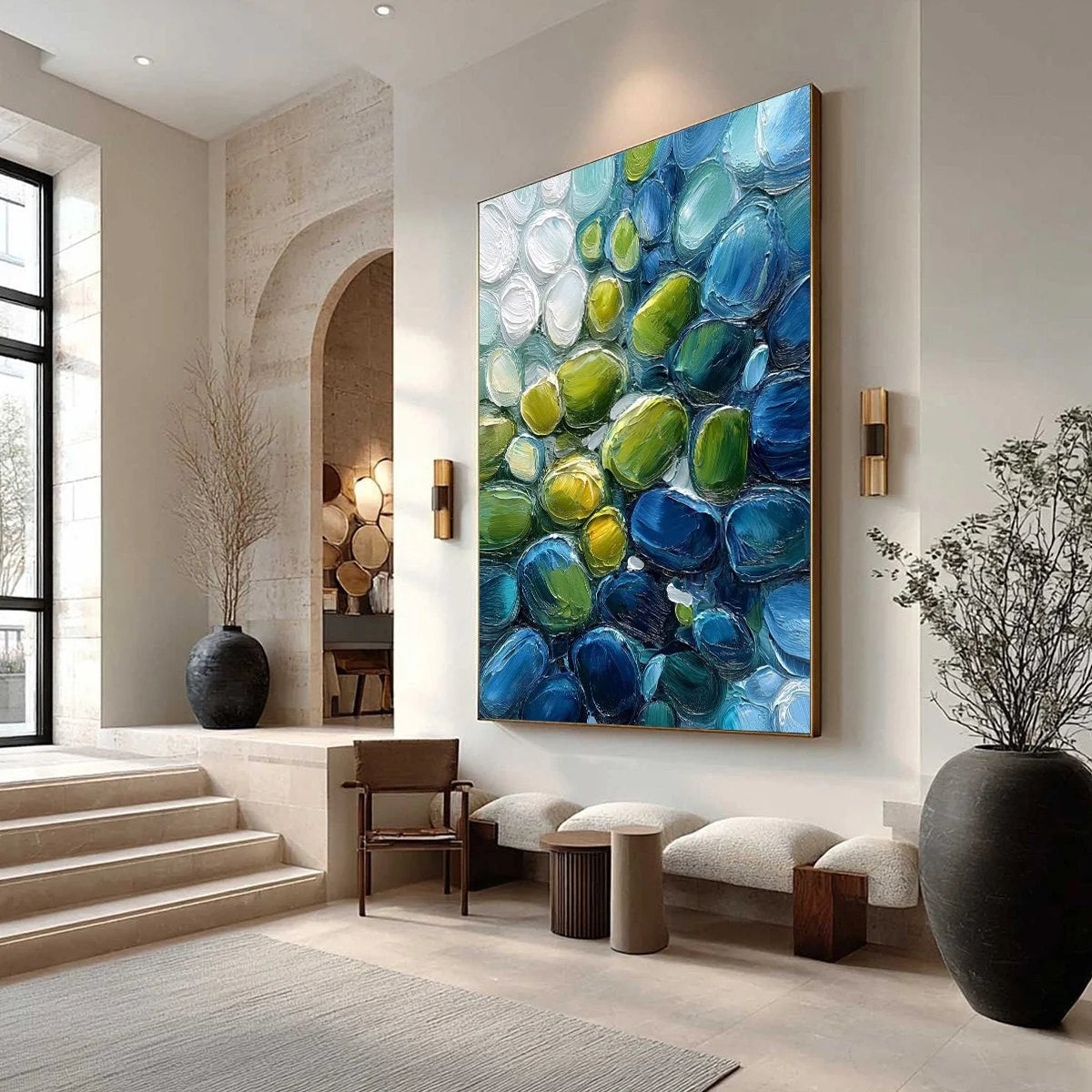 RIVER GEMS: Abstract Impasto Textured Blue and Green Painting | Abstract mood, soft natural light studio shot