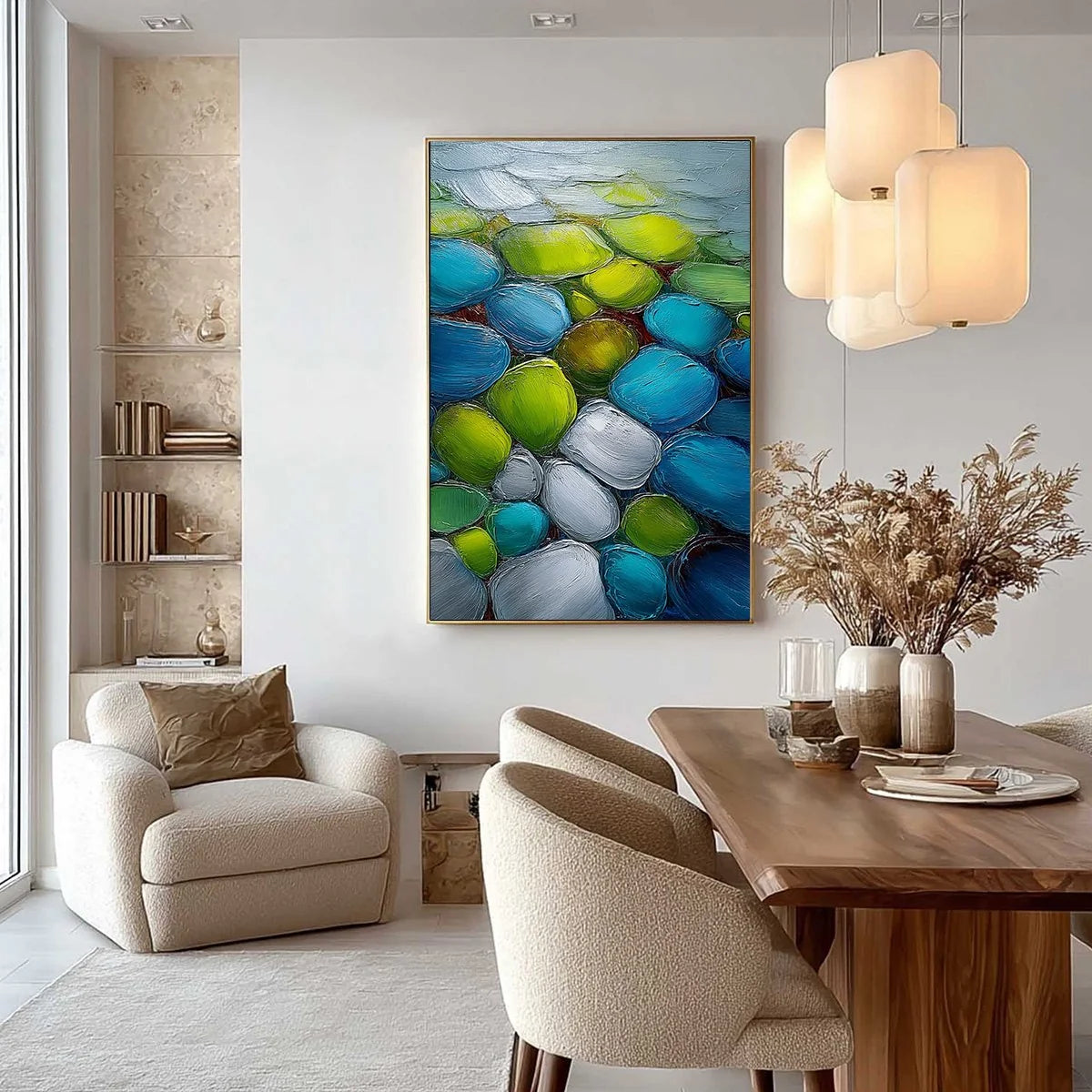 RIVER GEMS: Heavily Textured Abstract Painting of Colorful Stones | gold frame stretched on neutral wall
