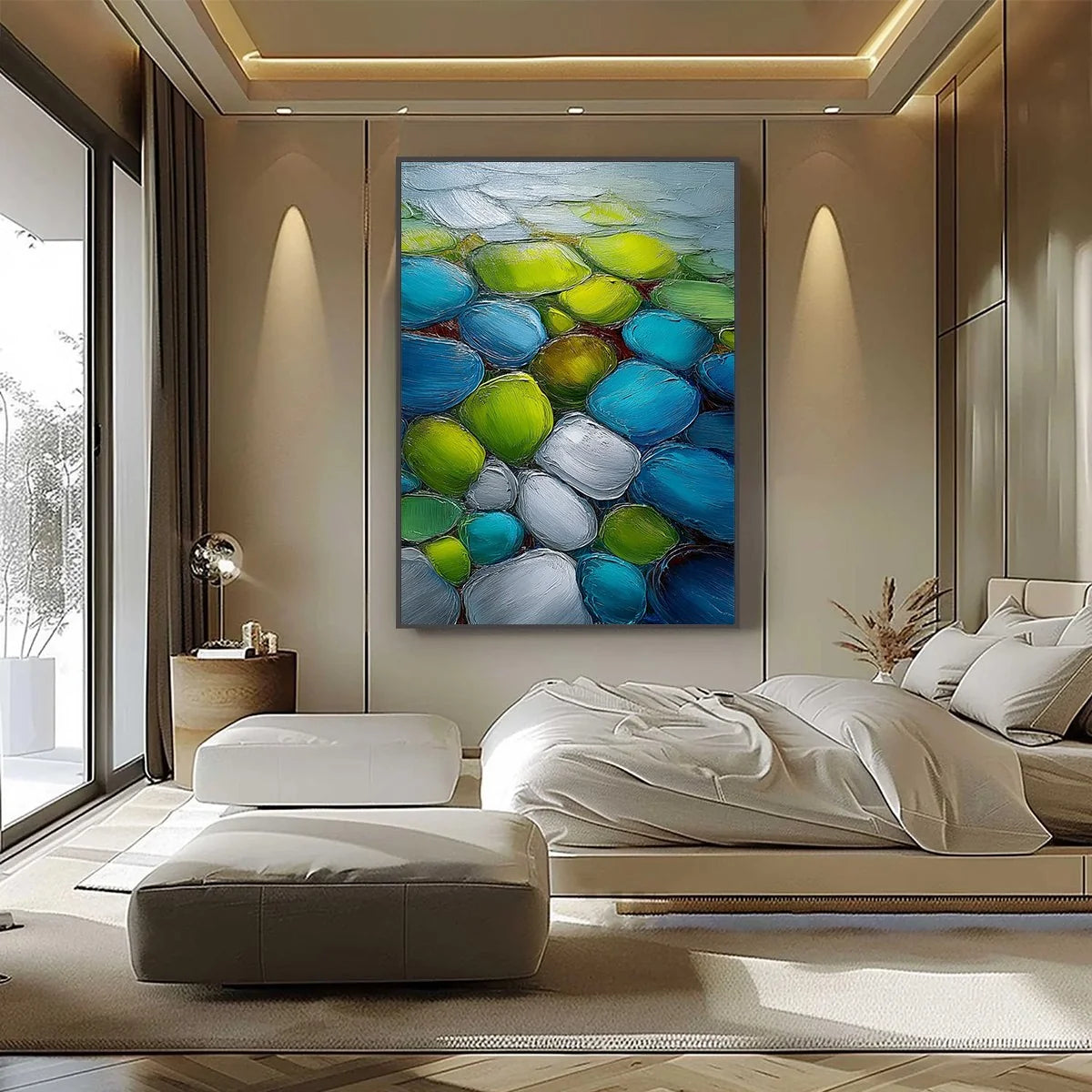 RIVER GEMS: Heavily Textured Abstract Painting of Colorful Stones | black frame version on white wall