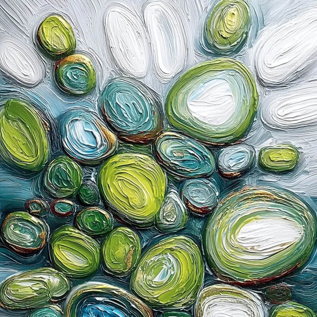 RIVER GEMS: Textured Wabi Sabi Abstract Painting of River Stones | rectangular format, hand-painted canvas edge